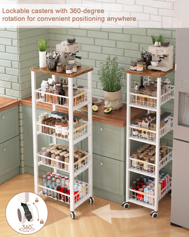 Ornestia 5-tier Vegetable Rack with Wooden Top for Kitchen Storage（White