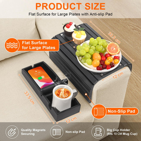 Joy&Grace Couch Cup Holder, 3-in-1 Magnetic Detachable Couch Arm Tray, Bamboo Sofa Armrest Table with Anti-Slip Pad, Sofa Armrest Tray Table (Black)