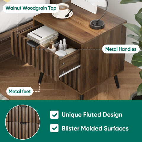 Smuxee Walnut Wooden Night Stand, Mid Century Nightstand with 2 Fluted Drawers, Bedside Table with Open Shelf, Modern End Side Table for Bedroom