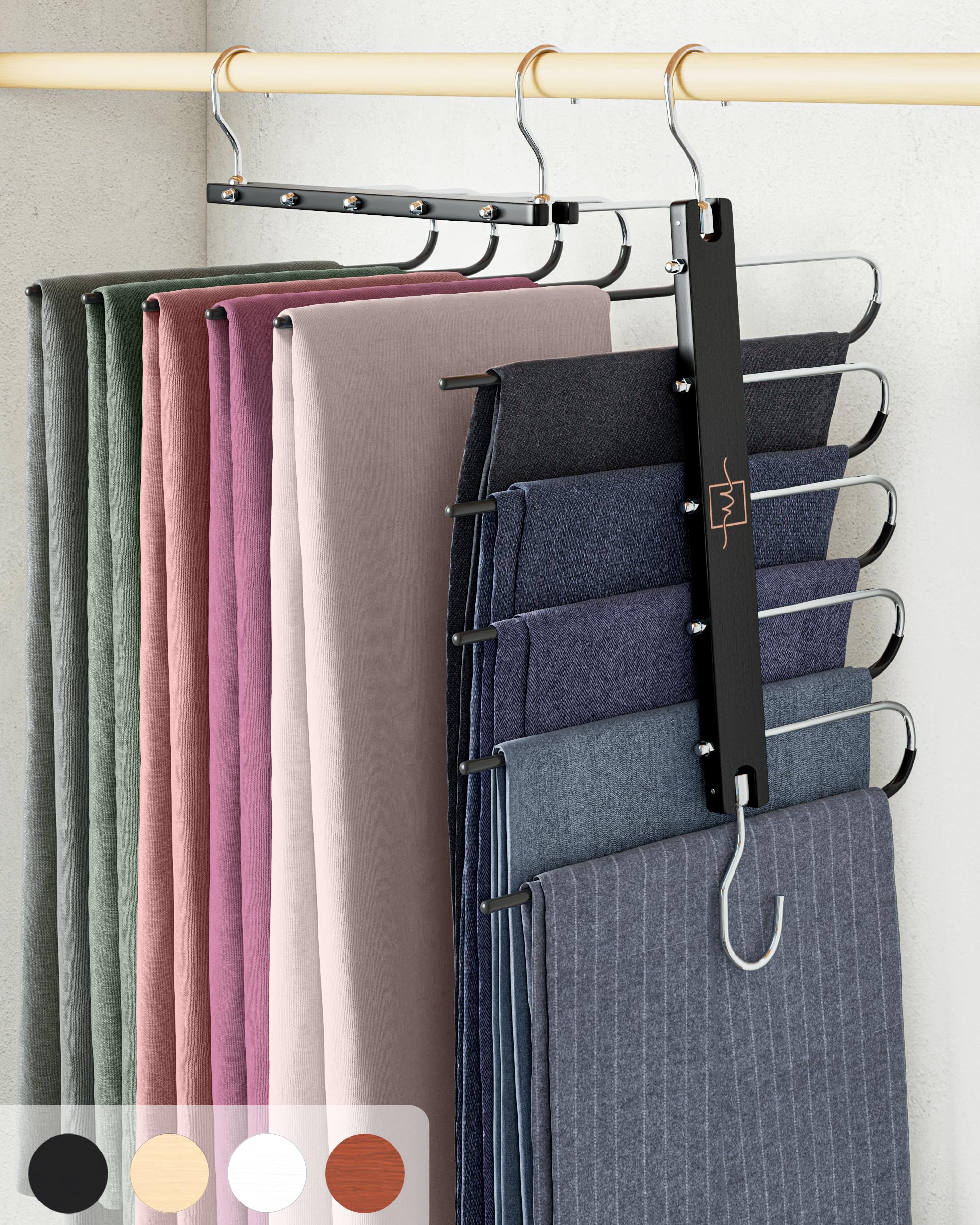 MORALVE Trousers Hangers Space Saving - 2 Pack European Beechwood Scarf and Jeans Hangers - Wardrobe Organiser and Space Saver Trouser Rack