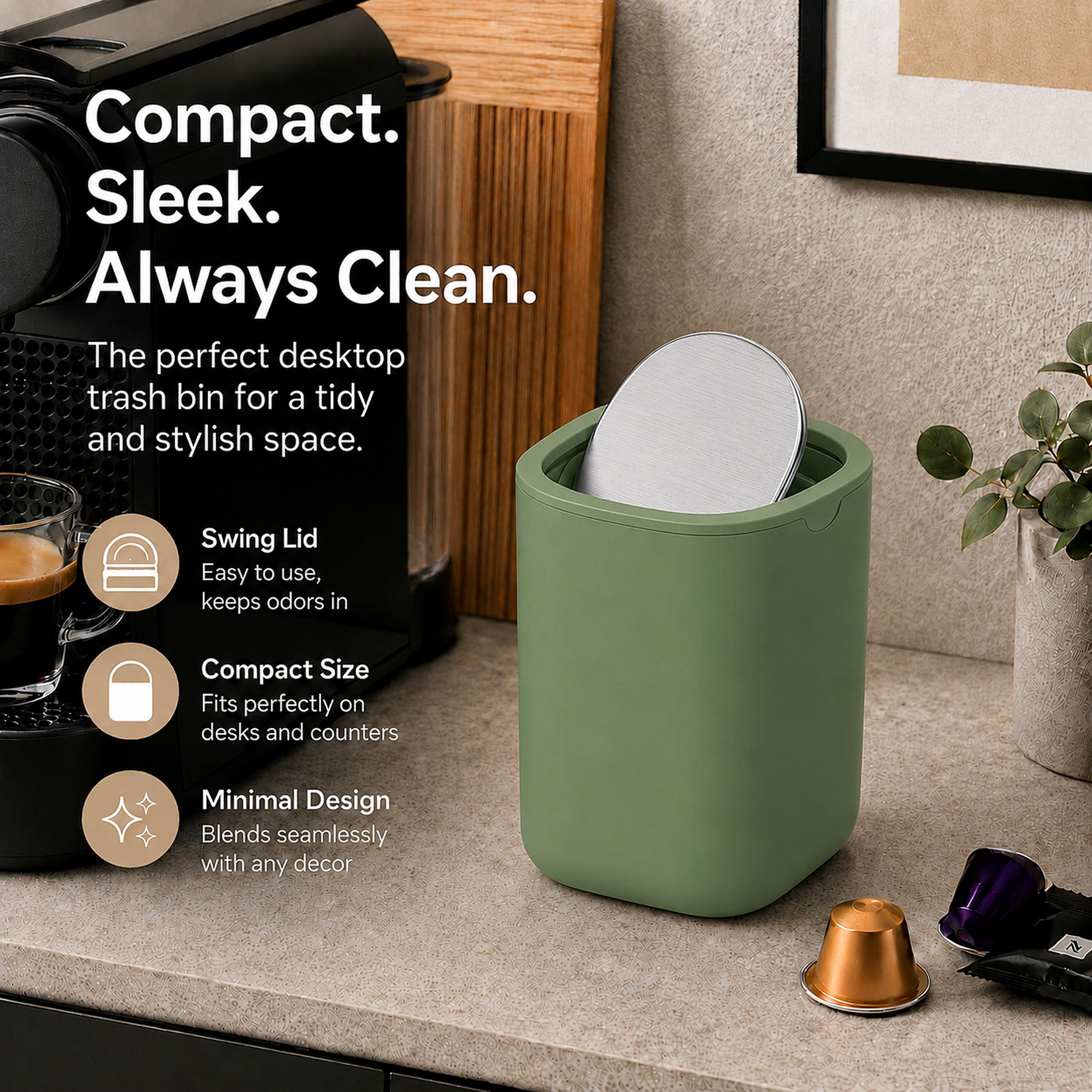 EverGrove Mini Table Bin,Desktop Trash Can (Canopy Green, 1.5, Litres)