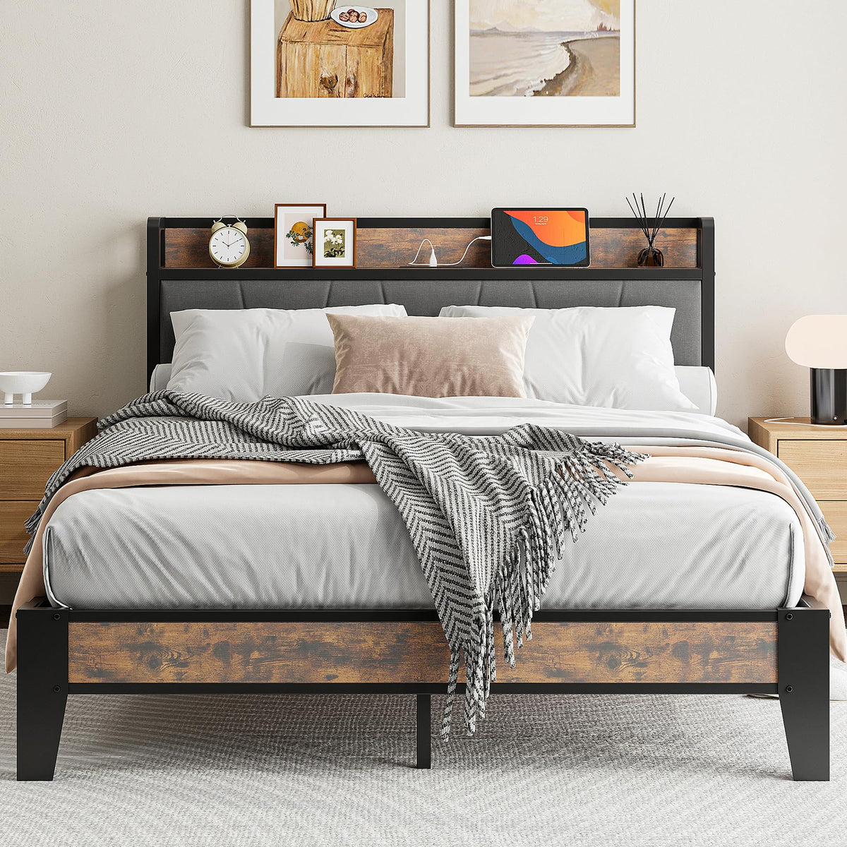 IRONCK Double Bed Frame with Storage Shelf Upholstered Headboard, Platform Bed Frame with Charging Station, Metal Bed Frame/UnderBed Storage