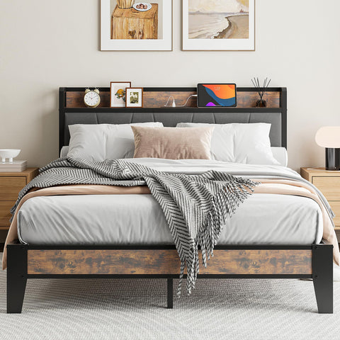 IRONCK Double Bed Frame with Storage Shelf Upholstered Headboard, Platform Bed Frame with Charging Station, Metal Bed Frame/UnderBed Storage