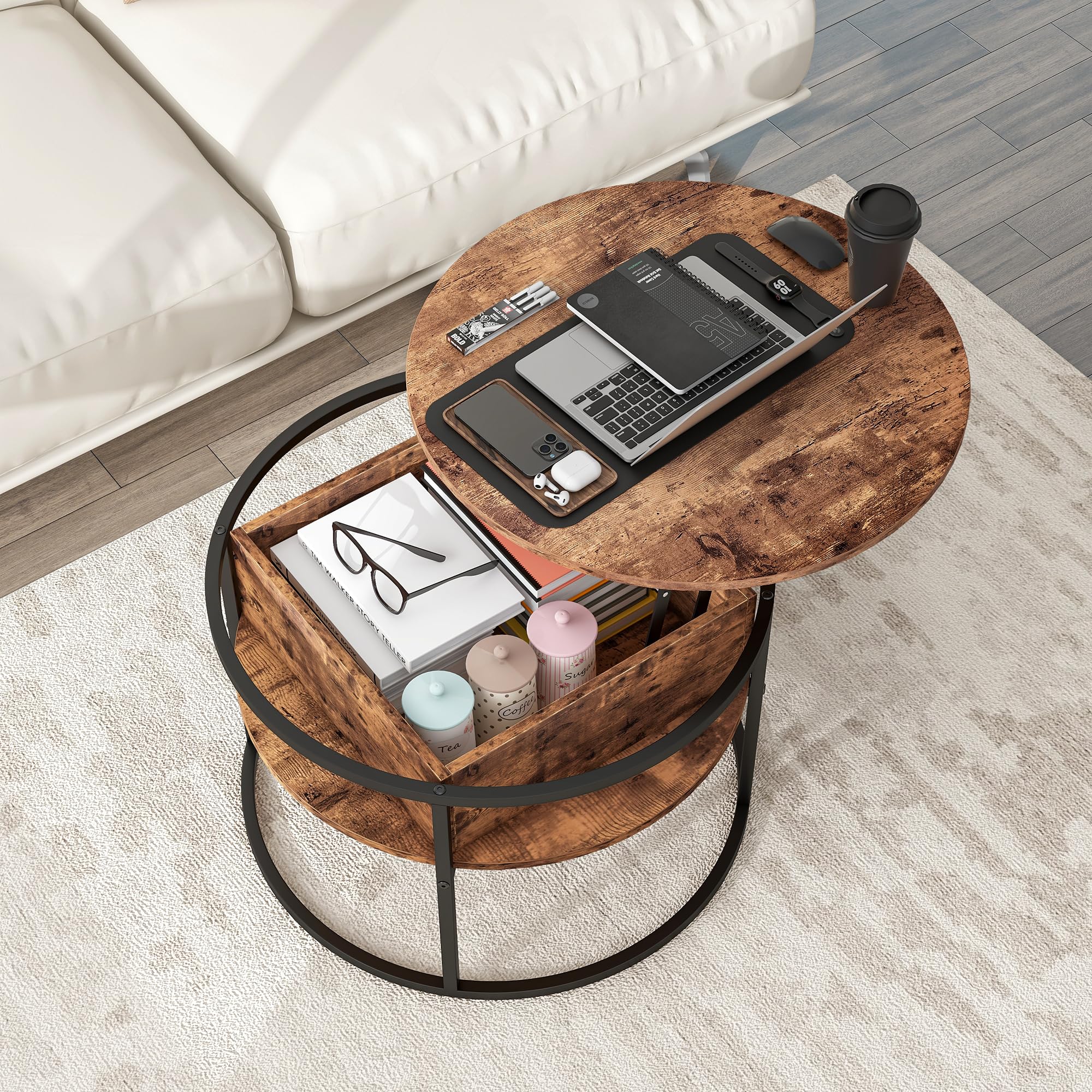 HOJINLINERO Round Coffee Table,Lift Top Coffee Tables for Living Room,Wooden Coffee Table with Hidden Storage & Lift Up Top,Modern Sofa Tea End