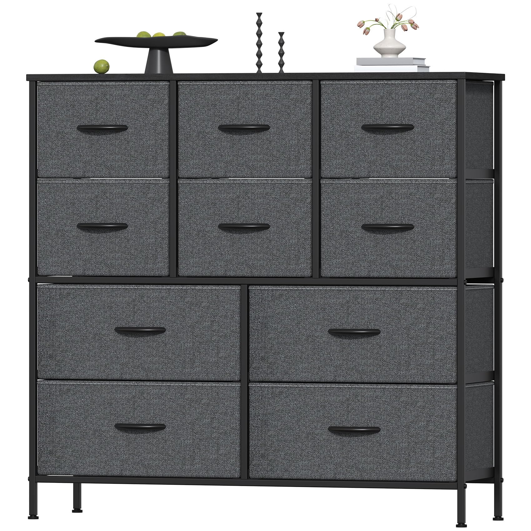 Feonase Chest of Drawers, Bedroom Tall Dresser with 10 Fabric Drawers, Metal Frame & MDF Wood Top, Adjustable Feet