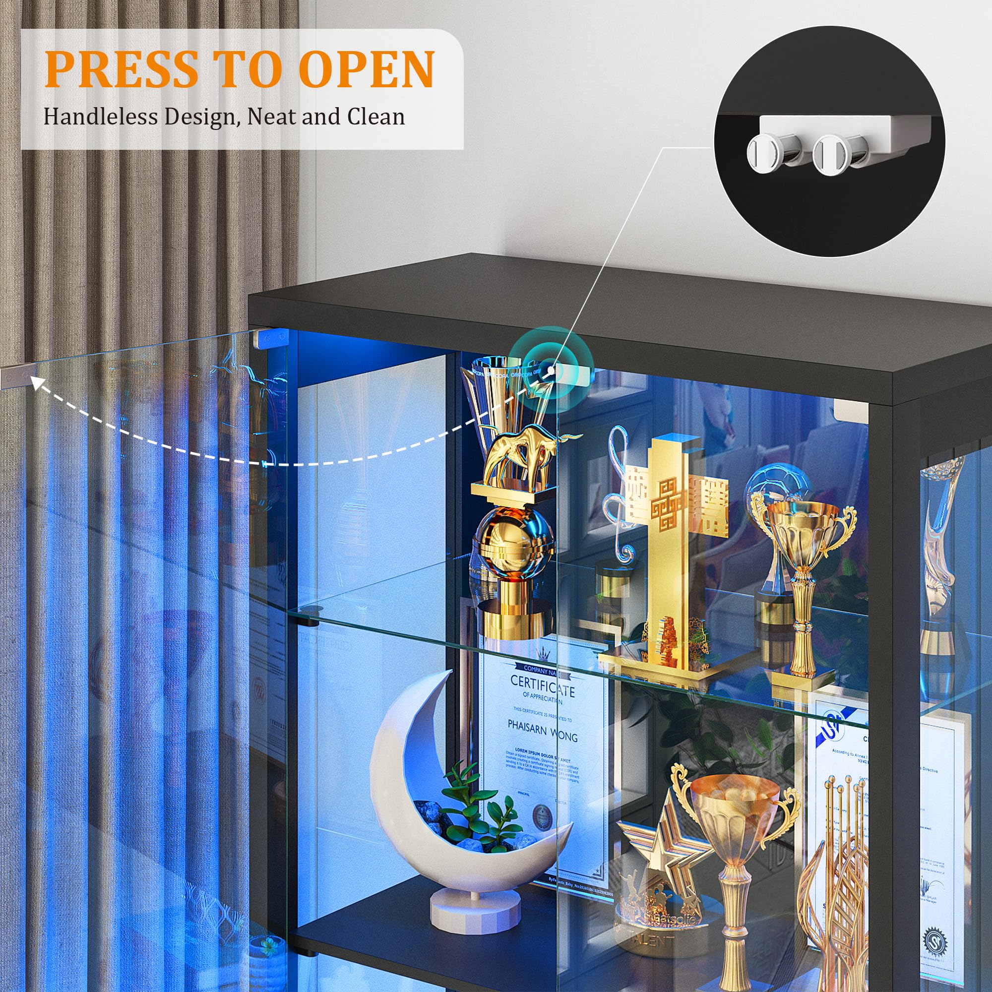 FREDEES LED Display Cabinet with Glass Doors and Drawers, Black
