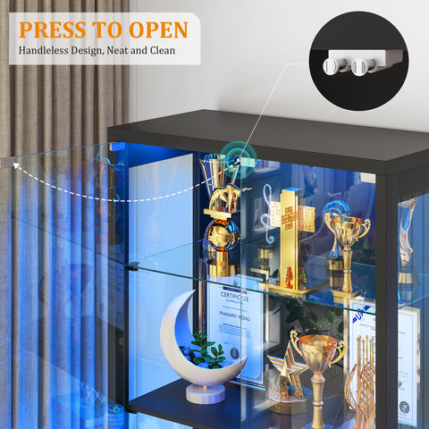 FREDEES LED Display Cabinet with Glass Doors and Drawers, Black