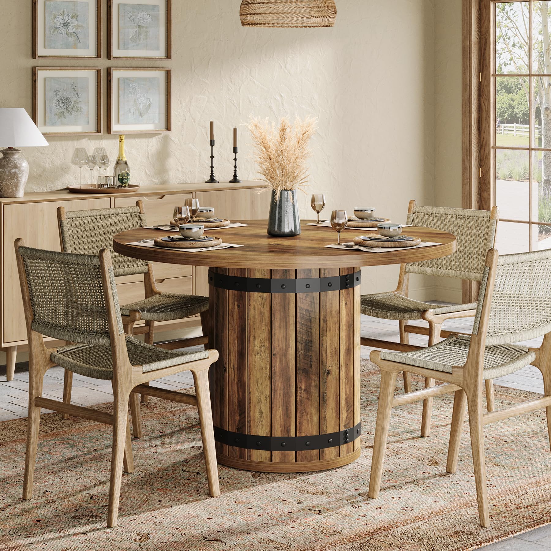 Tribesigns Round Dining Table for 4, 100cm Farmhouse Kitchen Table with Pedestal Base, Space-Saving Dinner Table for Small Dining Room, Living Room