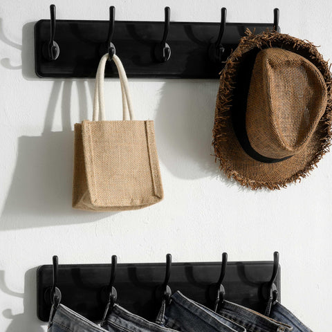 SKOLOO Farmhouse Style Wall Mounted Coat Rack, Pine Solid Wood Coat Hook Hanger - 5 Hooks for Hanging Clothes Robes Towels Coats