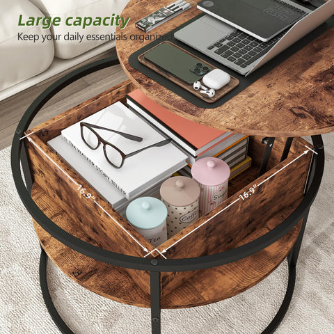 HOJINLINERO Round Coffee Table,Lift Top Coffee Tables for Living Room,Wooden Coffee Table with Hidden Storage & Lift Up Top,Modern Sofa Tea End
