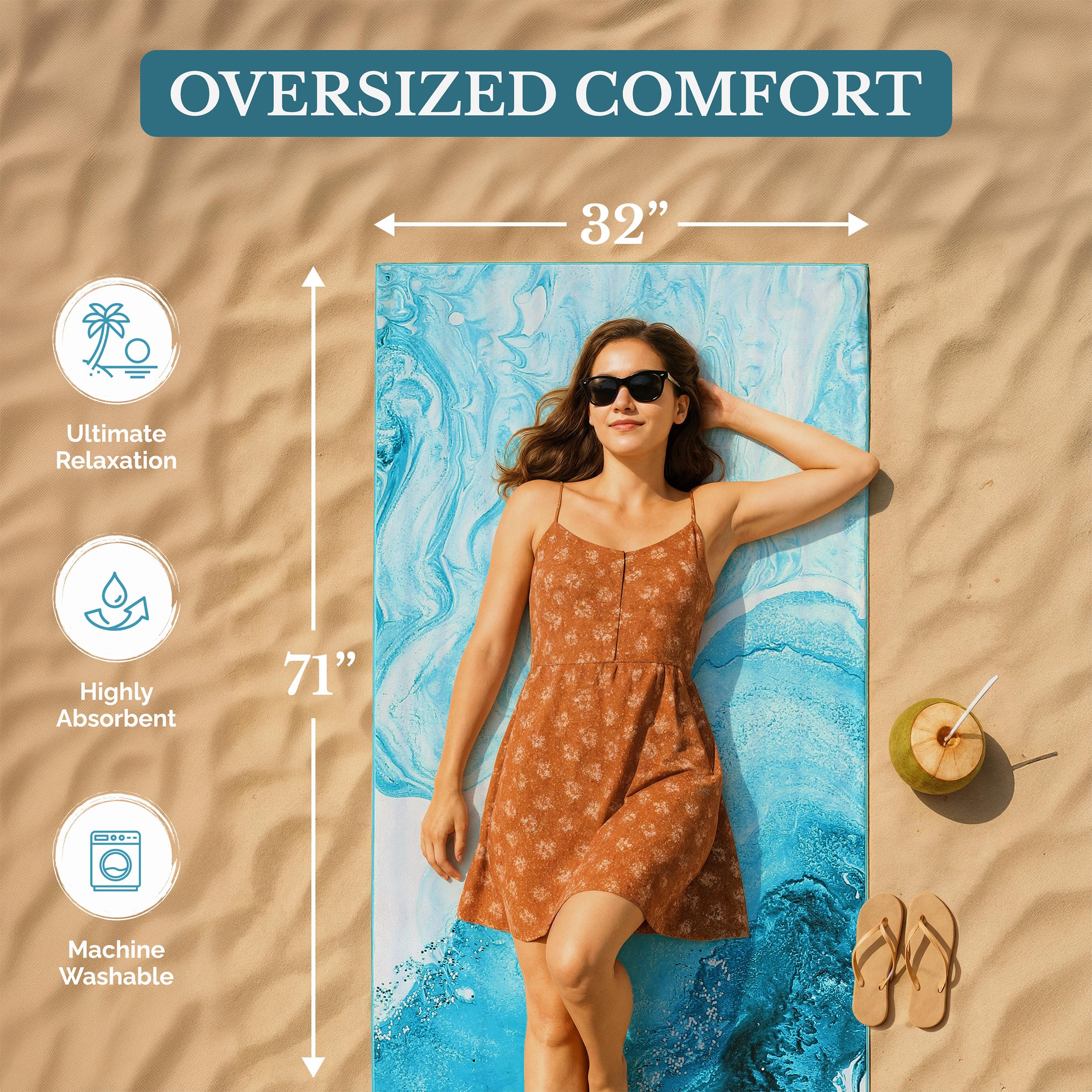 Casa Platino Extra Large Microfiber Beach Towels (2-Pack, 71"x32") – Quick-Dry, Sand-Free, Lightweight & Oversized