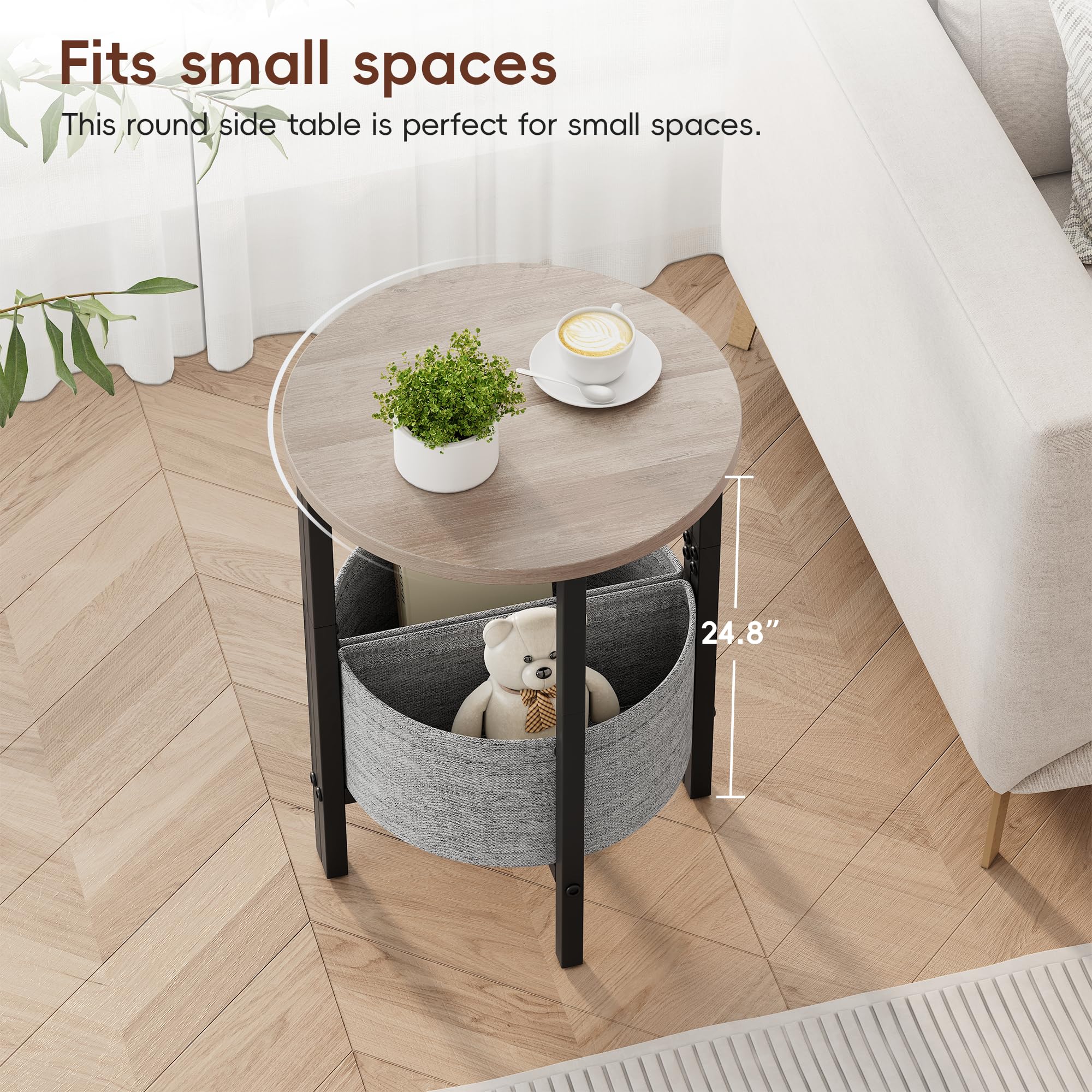 Vagusicc Side Table, Round End Table with Fabric Basket, Small Coffee Table, Set of 2 Half Moon Entry Table, Accent Table Bedside Table