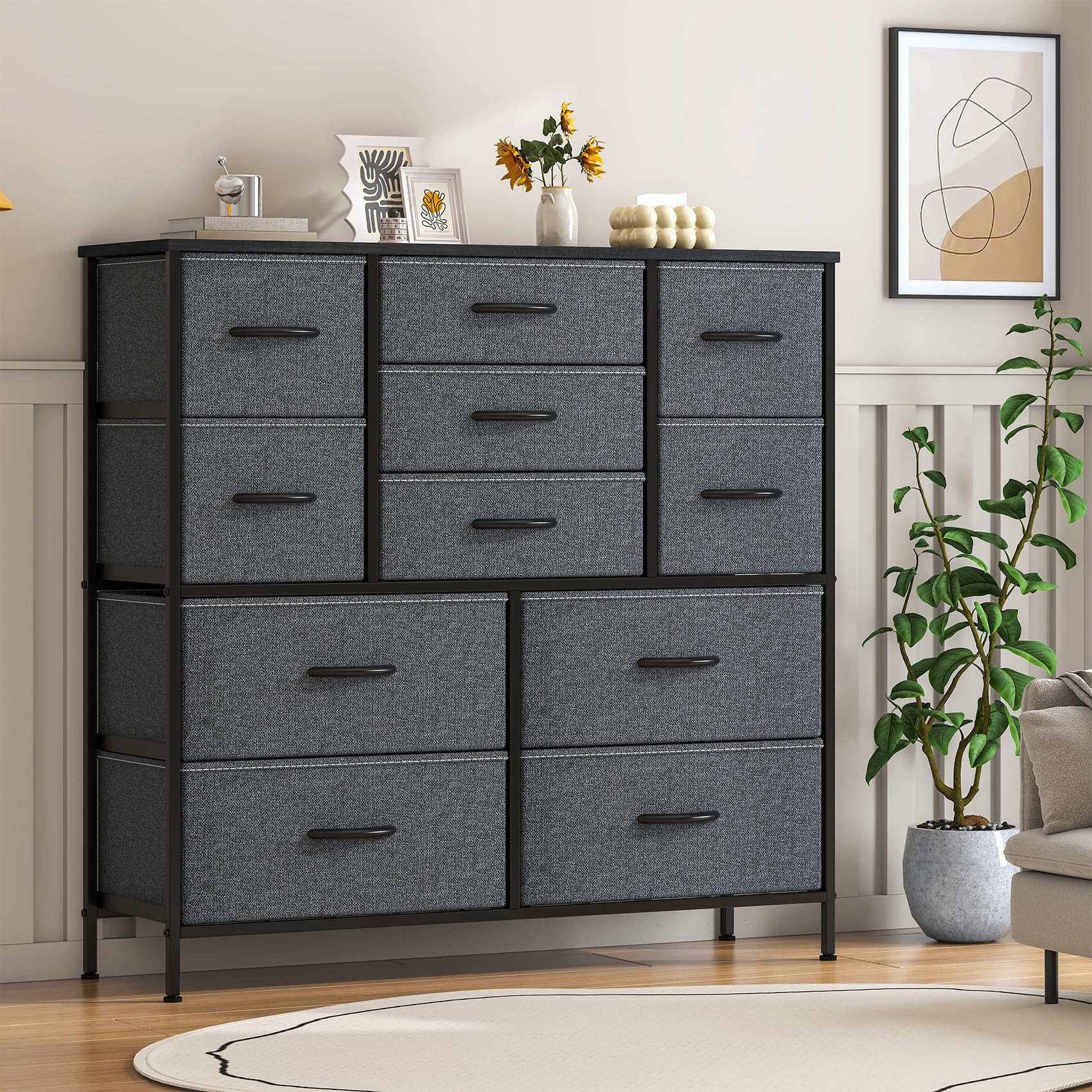 Feonase Chest of Drawers, Bedroom Tall Dresser with 11 Fabric Drawers, Metal Frame & MDF Wood Top, Adjustable Feet