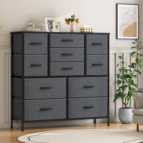 Feonase Chest of Drawers, Bedroom Tall Dresser with 11 Fabric Drawers, Metal Frame & MDF Wood Top, Adjustable Feet