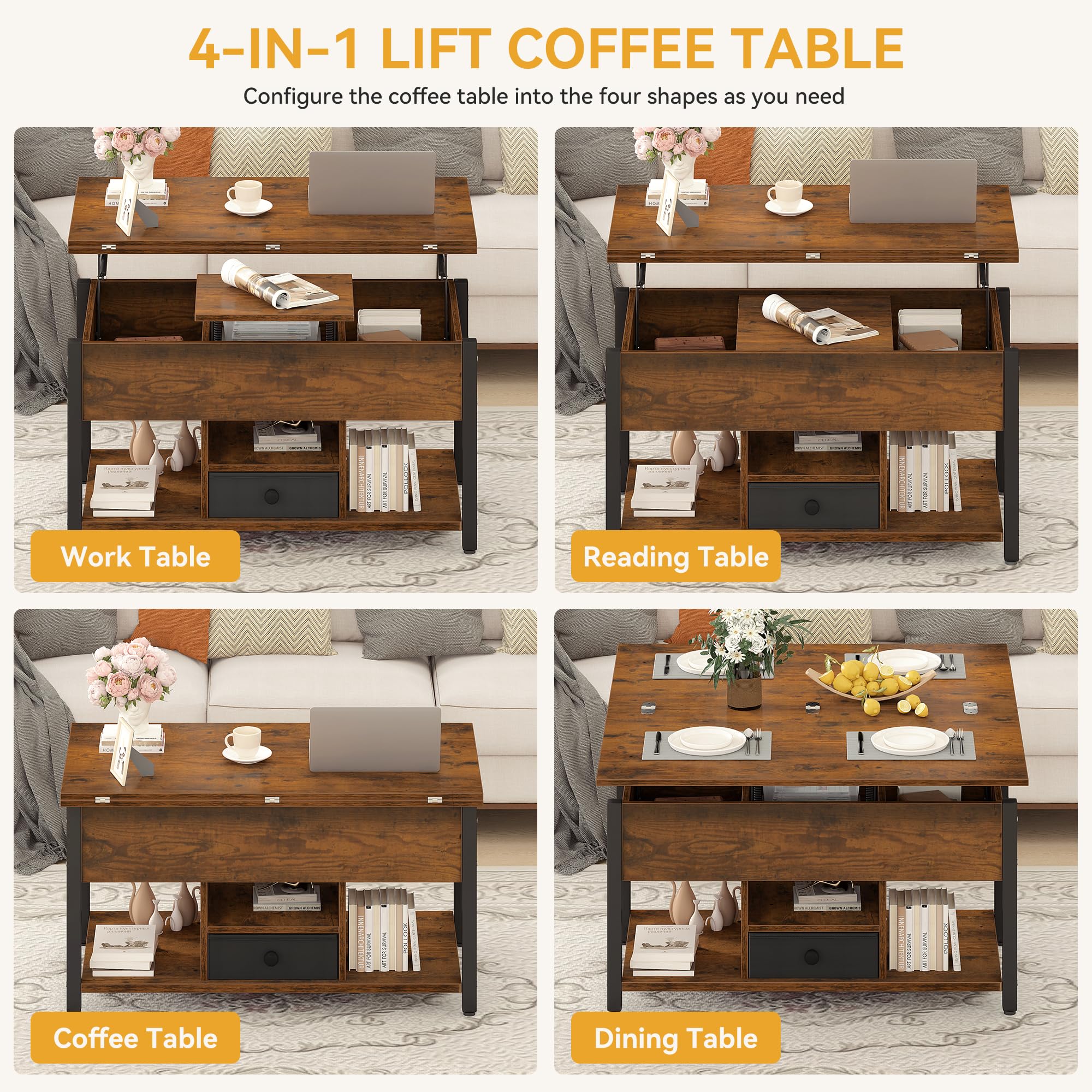 DWVO Lift Top Coffee Table, Converts to Dining Table, Features Drawers & Hidden Storage, Multi-Functional Coffee Table Living Room, Rustic Brown