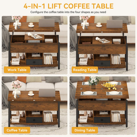 DWVO Lift Top Coffee Table, Converts to Dining Table, Features Drawers & Hidden Storage, Multi-Functional Coffee Table Living Room, Rustic Brown