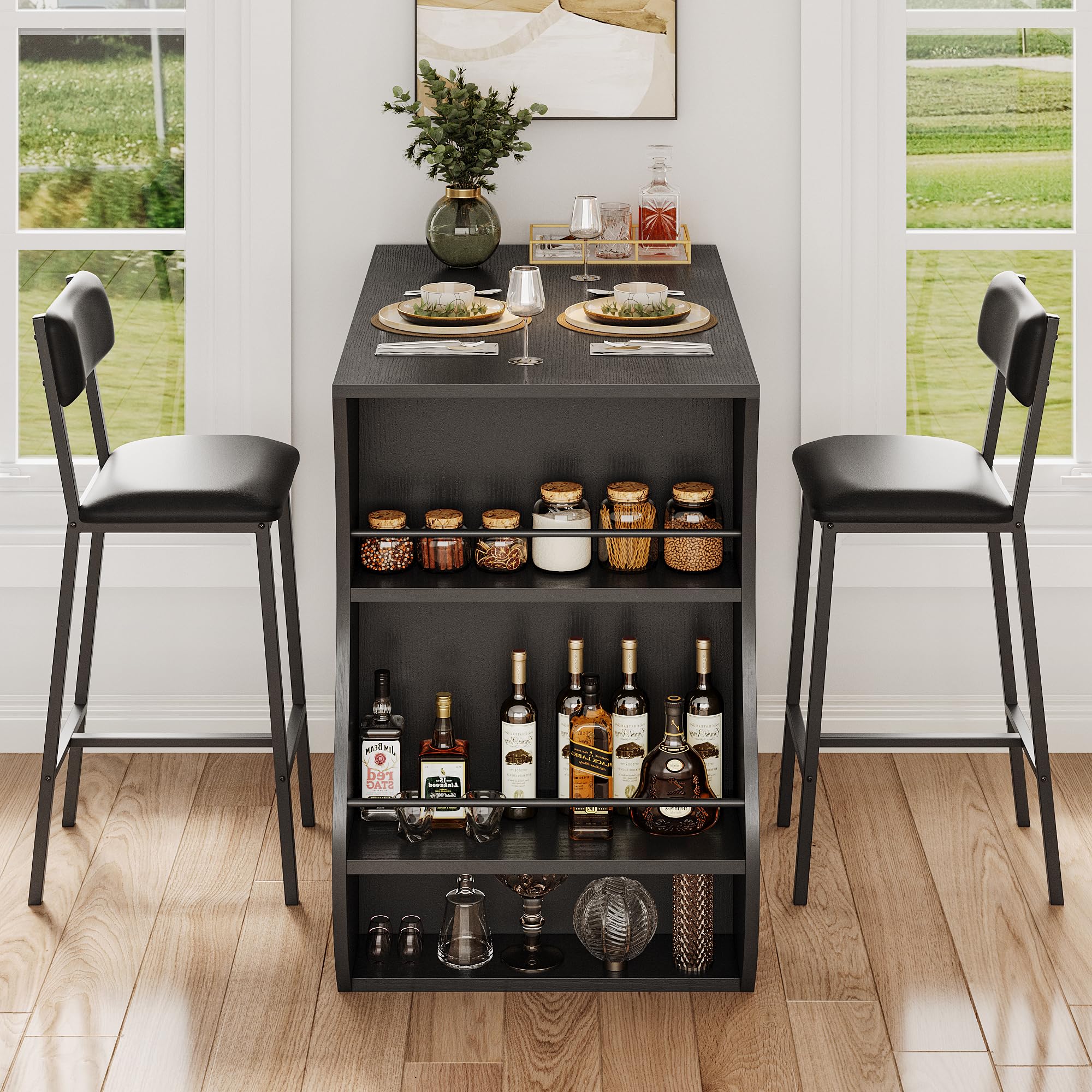 Feonase 3-Piece Bar Table Set, Bar Table with Bar Stools, 2-Tier Storage Shelves & Wine Rack, Bistro Table with 2 Chairs for Dining Room, Black