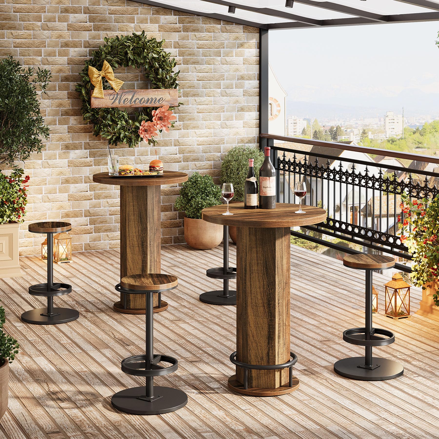Tribesigns Round Bar Table with Chairs, Industrial Bistro Sets with 2 barstools, Pub Cocktail Table with Metal Ring Footrest for Kitchen Nook