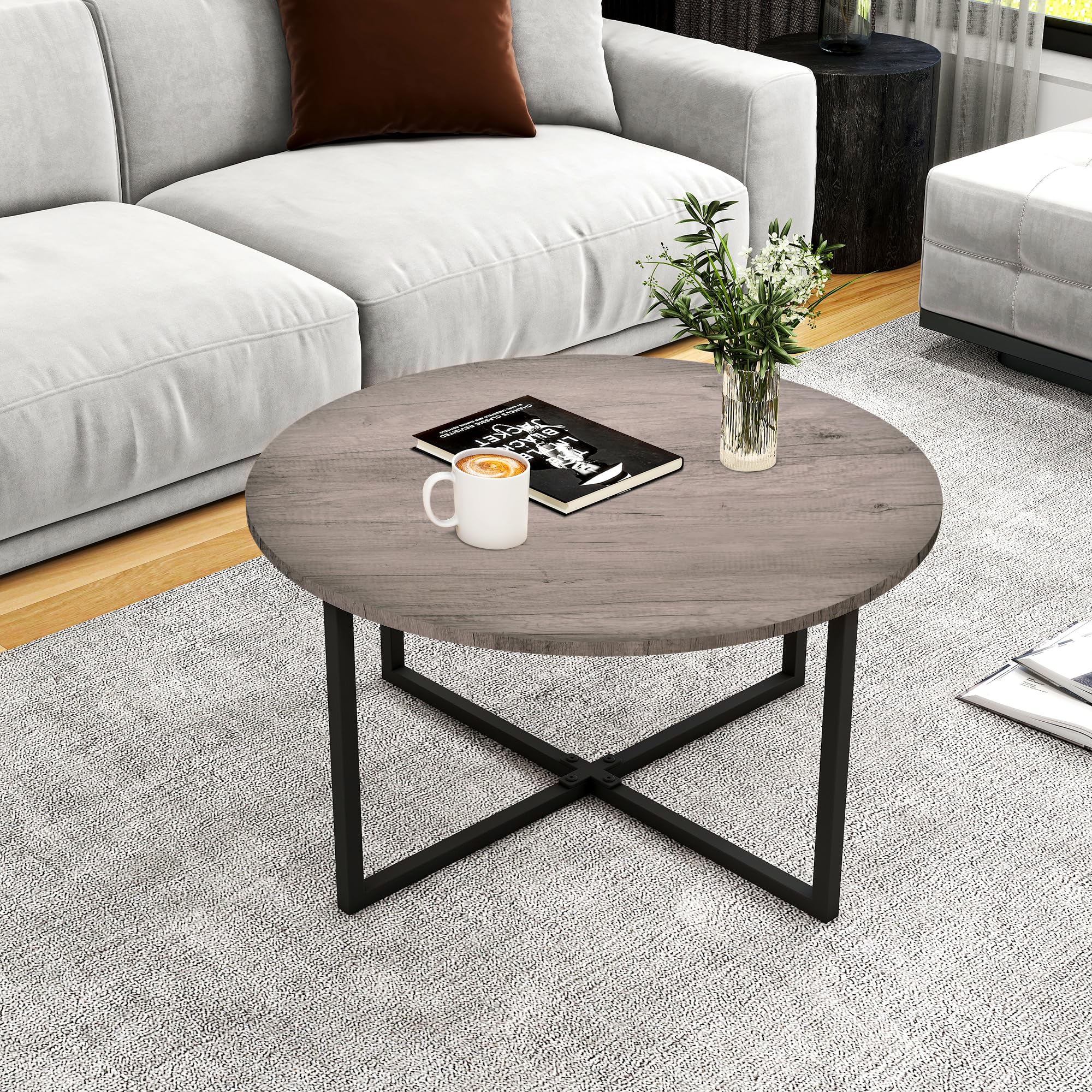 HOMERECOMMEND Round Coffee Table for Living Room,Circle Coffee Tables,Grey
