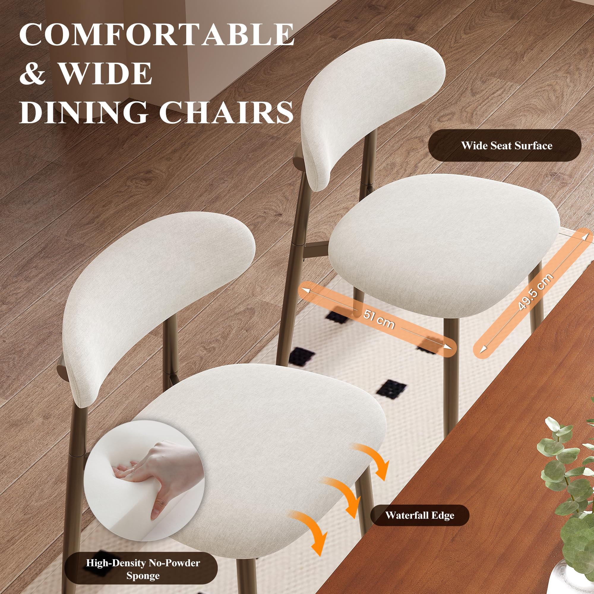 Dining Chairs Set of 2, Upholstered Dining Room Chairs with Ergonomic Curved Backrest, Metal Frame Kitchen Chairs