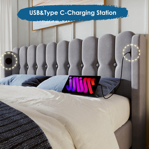 Merax Double bed frame, 4ft6 Double Upholstered Kids Bed, with USB and Type-C Charging, Sturdy Wooden Slatted Frame, No Mattress