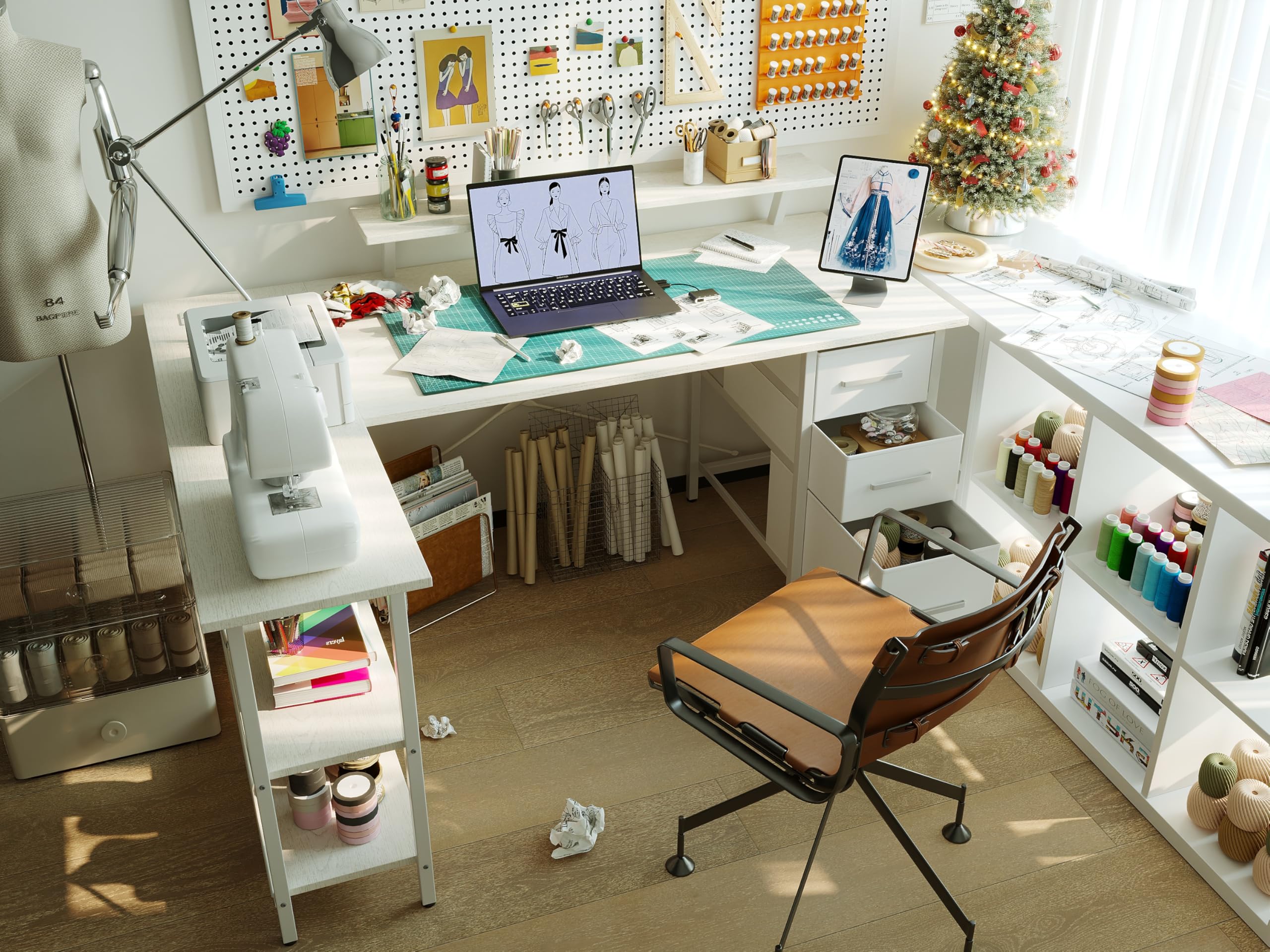 Xyphren Corner Computer Desk with Drawers, 120x80cm Reversible L Shaped Desk with Power Outlet, Home Office Desk with Monitor Stand and PC Stand