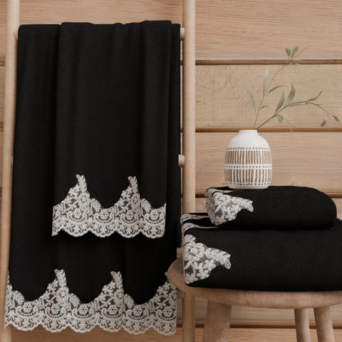 PETTI Artigiani Italiani - 100% Cotton Terry Bath Towels, 1+1 Towel Set, 2 Pieces, 1 Face Towel and 1 Hand Towel, Black