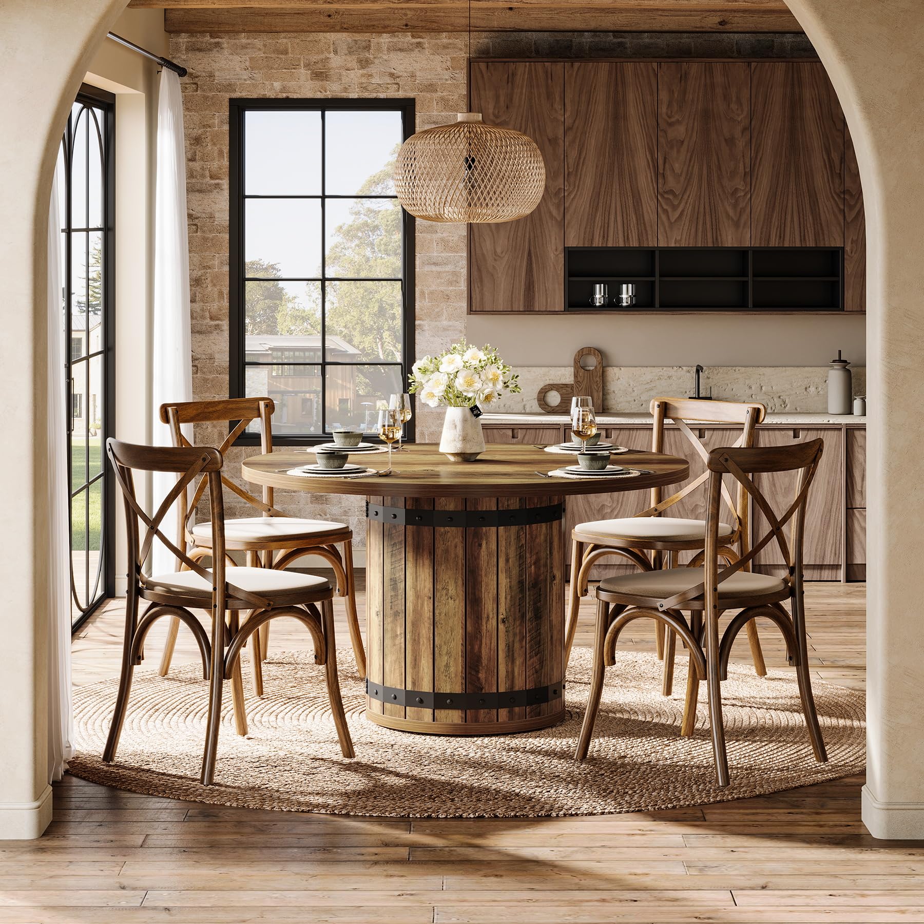 Tribesigns Round Dining Table for 4, 100cm Farmhouse Kitchen Table with Pedestal Base, Space-Saving Dinner Table for Small Dining Room, Living Room