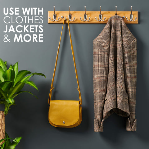 LARHN Wooden Wall-Mounted Coat Rack - 6 Matt-Nickel Coat Hooks, 59cm