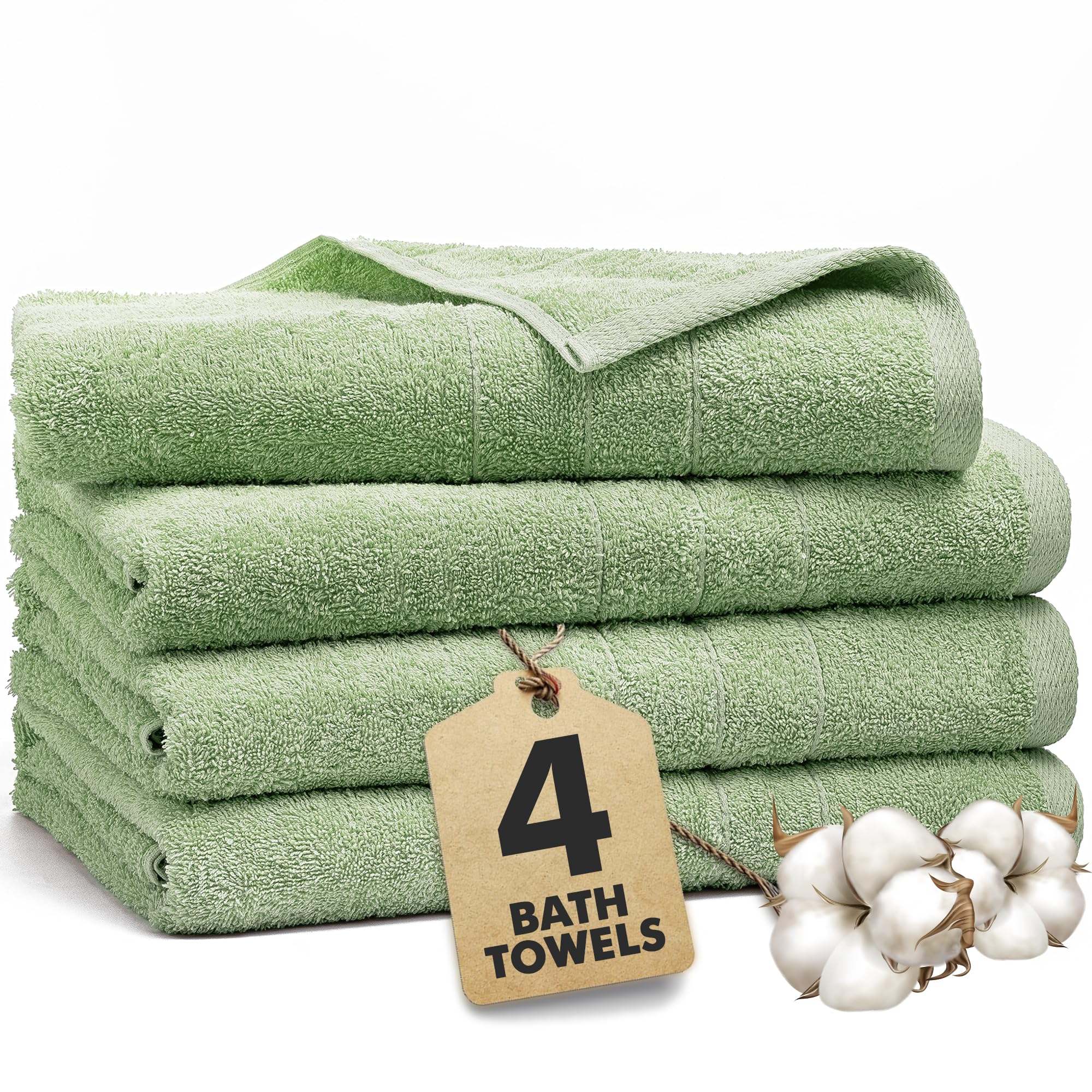 Novo Home Bath Towels Set of 4 – 550 GSM 100% Cotton Light Green Extra Large Towels for Bathroom, Spa Use (70x140 cm)