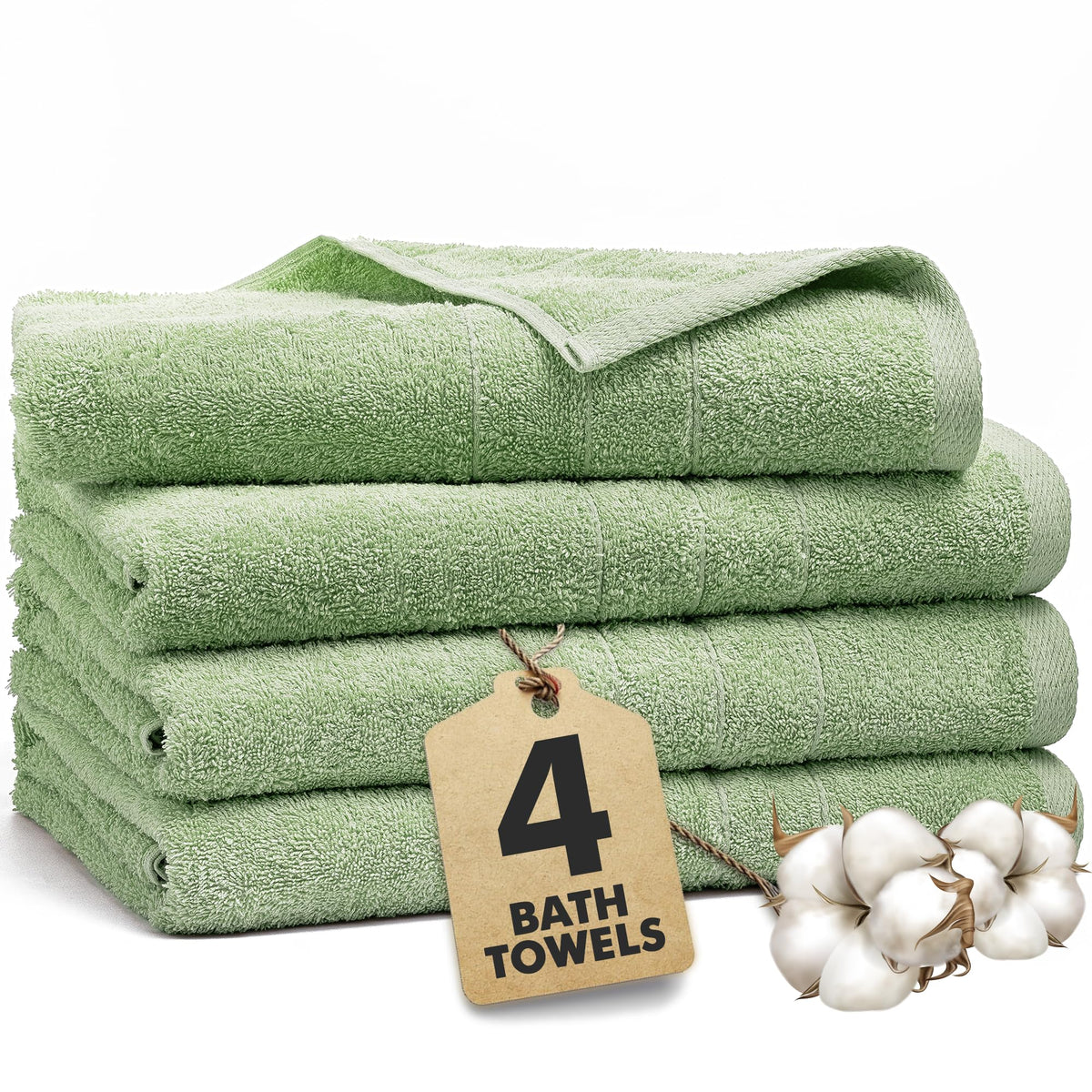 Novo Home Bath Towels Set of 4 – 550 GSM 100% Cotton Light Green Extra Large Towels for Bathroom, Spa Use (70x140 cm)
