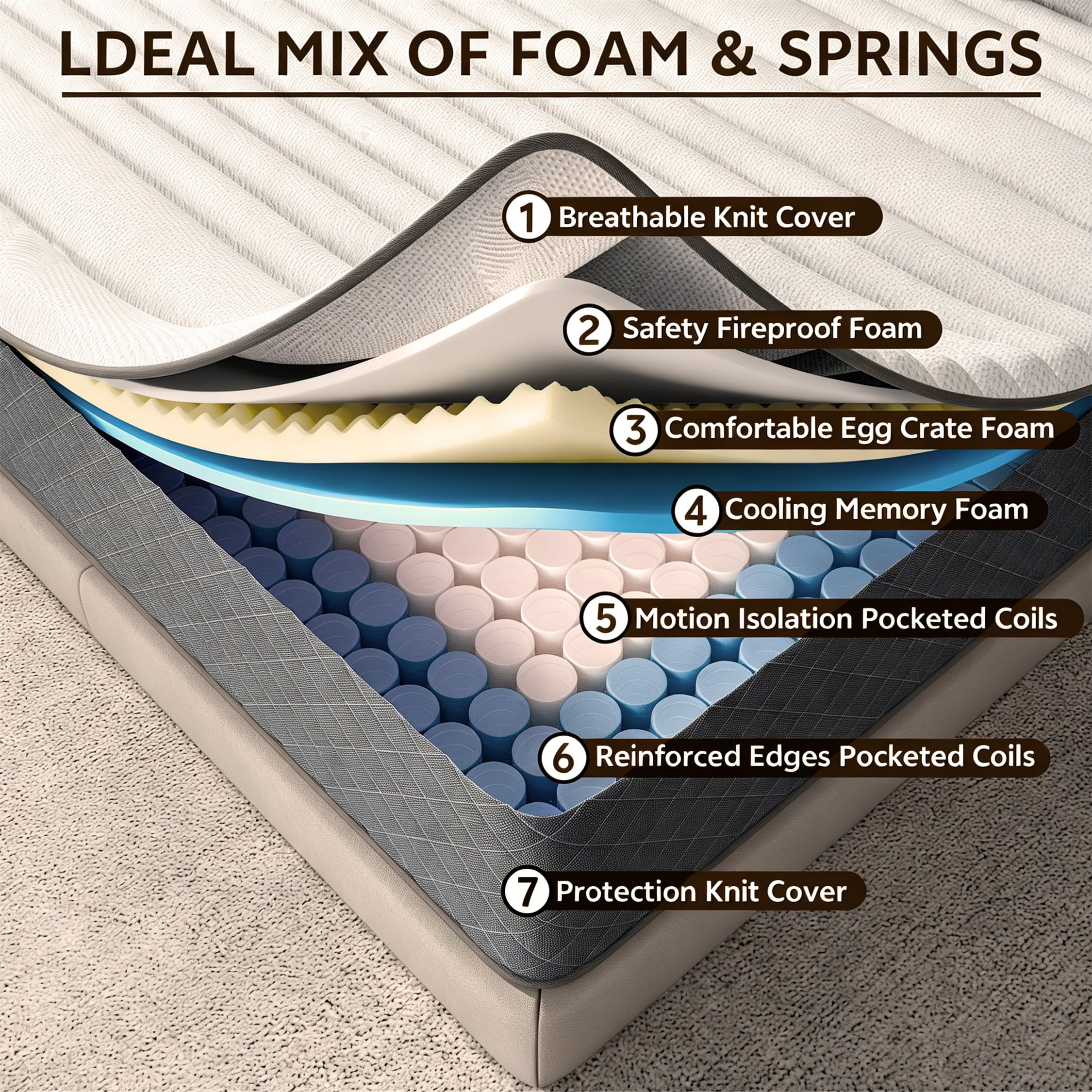 MOLPHIT 12 Inch Double Mattresses, 7-Zone Hybrid Double Bed Mattresses, Memory Foam Mattress with Pocket Sprung with Medium Firm for Body Support &