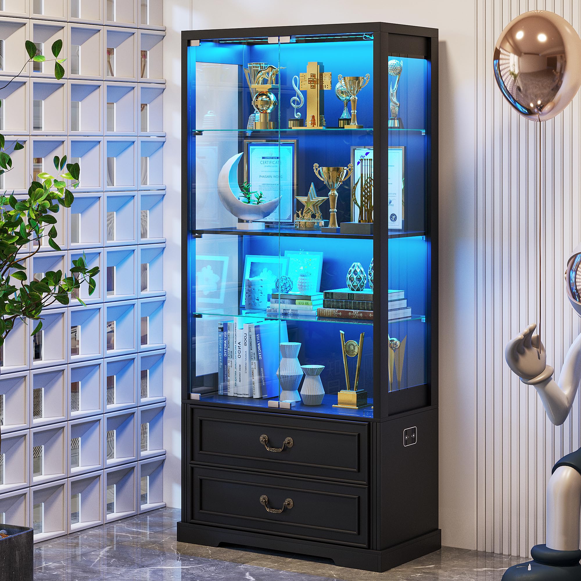 FREDEES LED Display Cabinet with Glass Doors and Drawers, Black