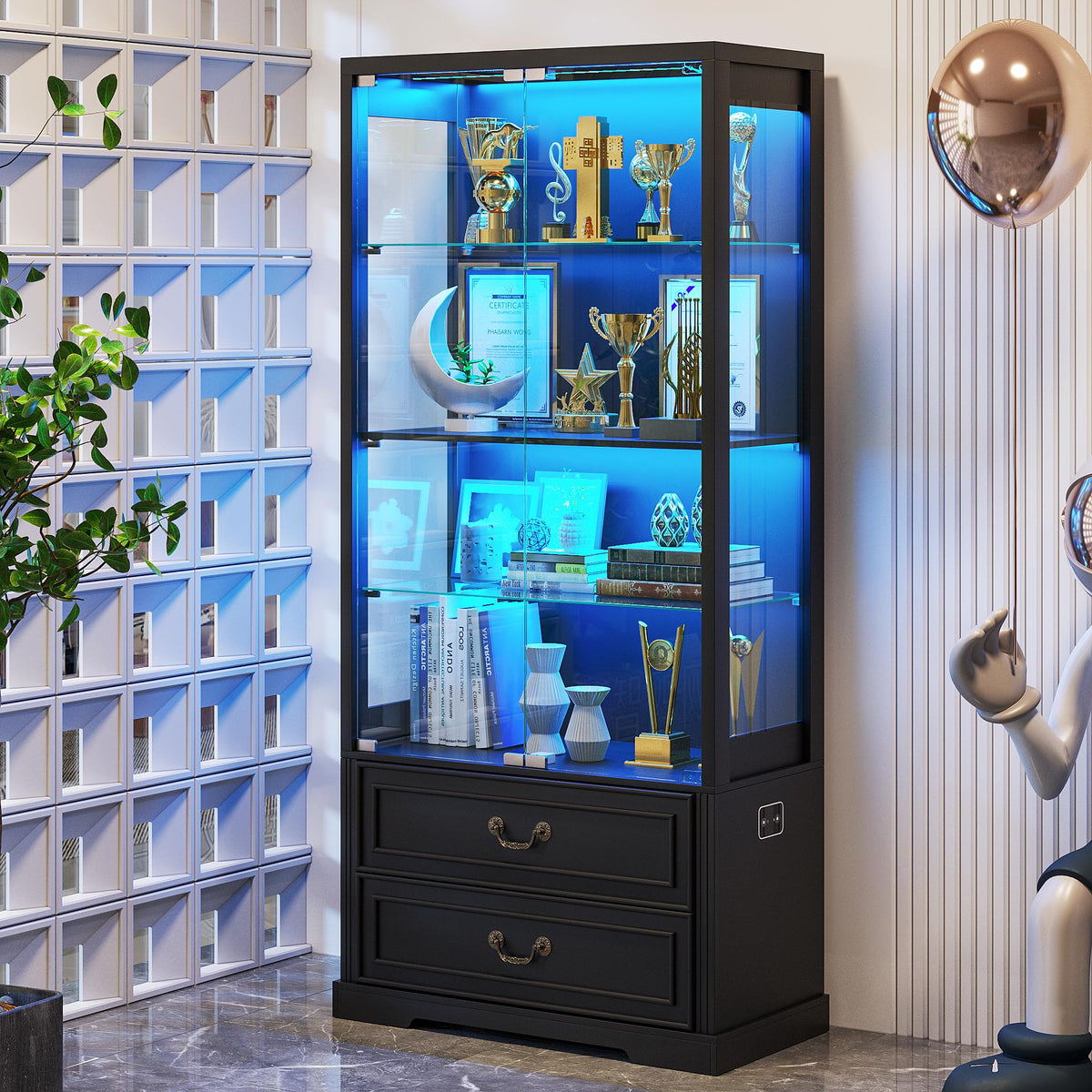 FREDEES LED Display Cabinet with Glass Doors and Drawers, Black