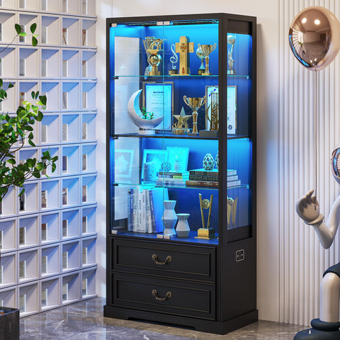 FREDEES LED Display Cabinet with Glass Doors and Drawers, Black
