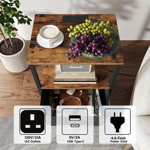 TUTOTAK Bedside Table with Charging Station, Side Table with 2 USB Ports and Outlets, Nightstand with Cloth Drawer, Set of 2, End Table