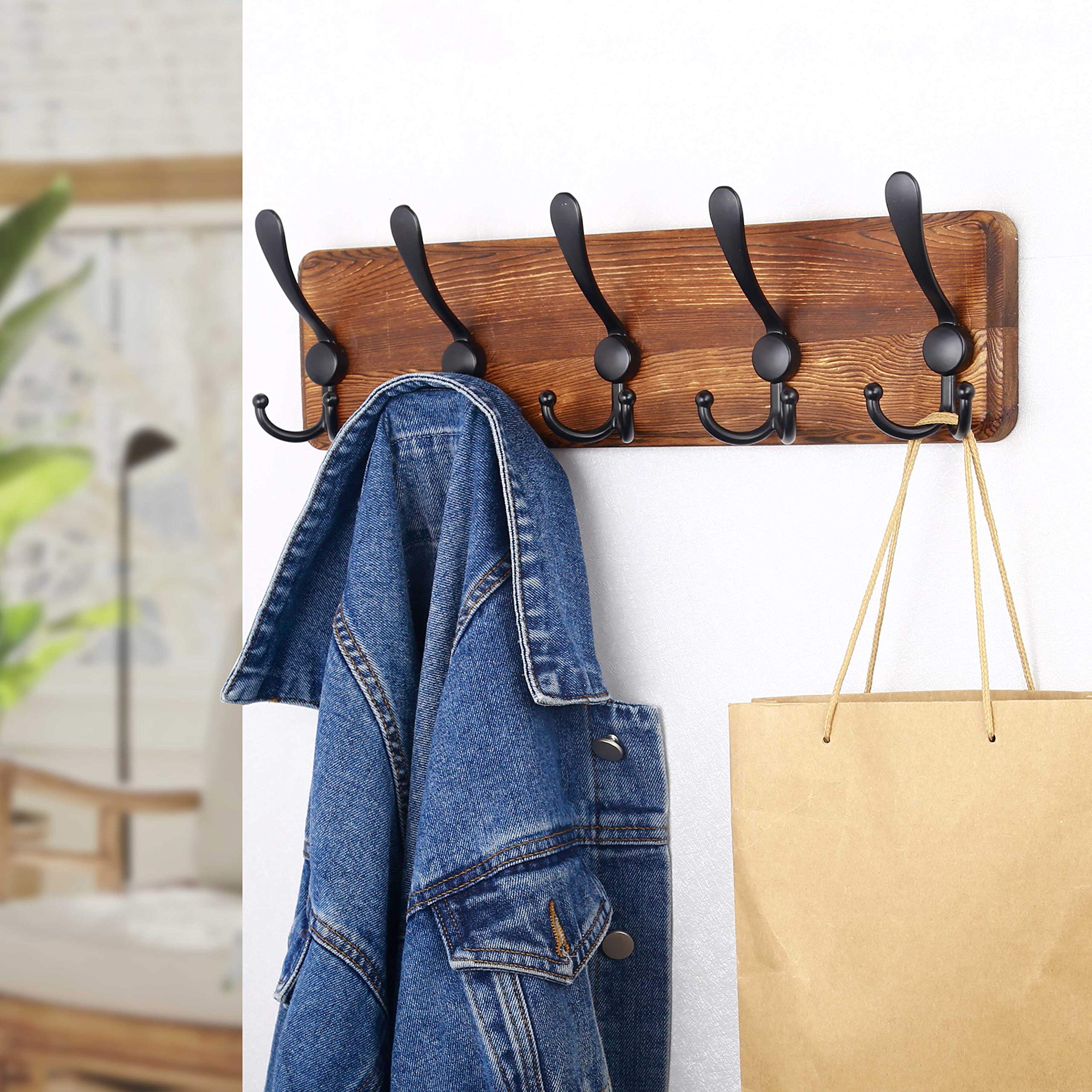 SKOLOO Coat Rack Wall Mounted - Pack of 2, Wooden, Heavy Duty, Rustic Coat Hooks for Wall, 16'' Hole to Hole