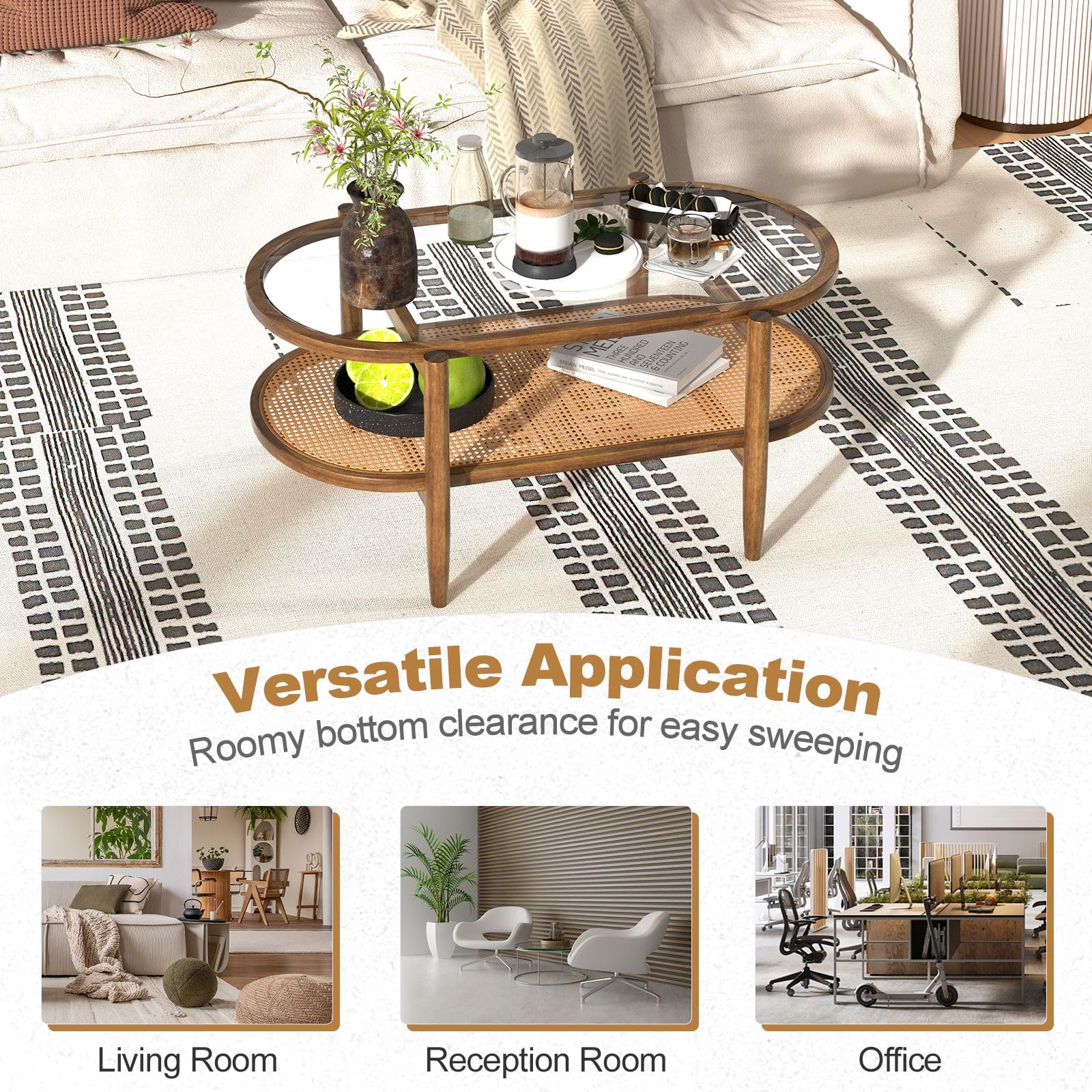 CASART Coffee Table, 2-Tier Tempered Glass Tea Table with Acacia Wood Frame & Rattan Storage Shelf