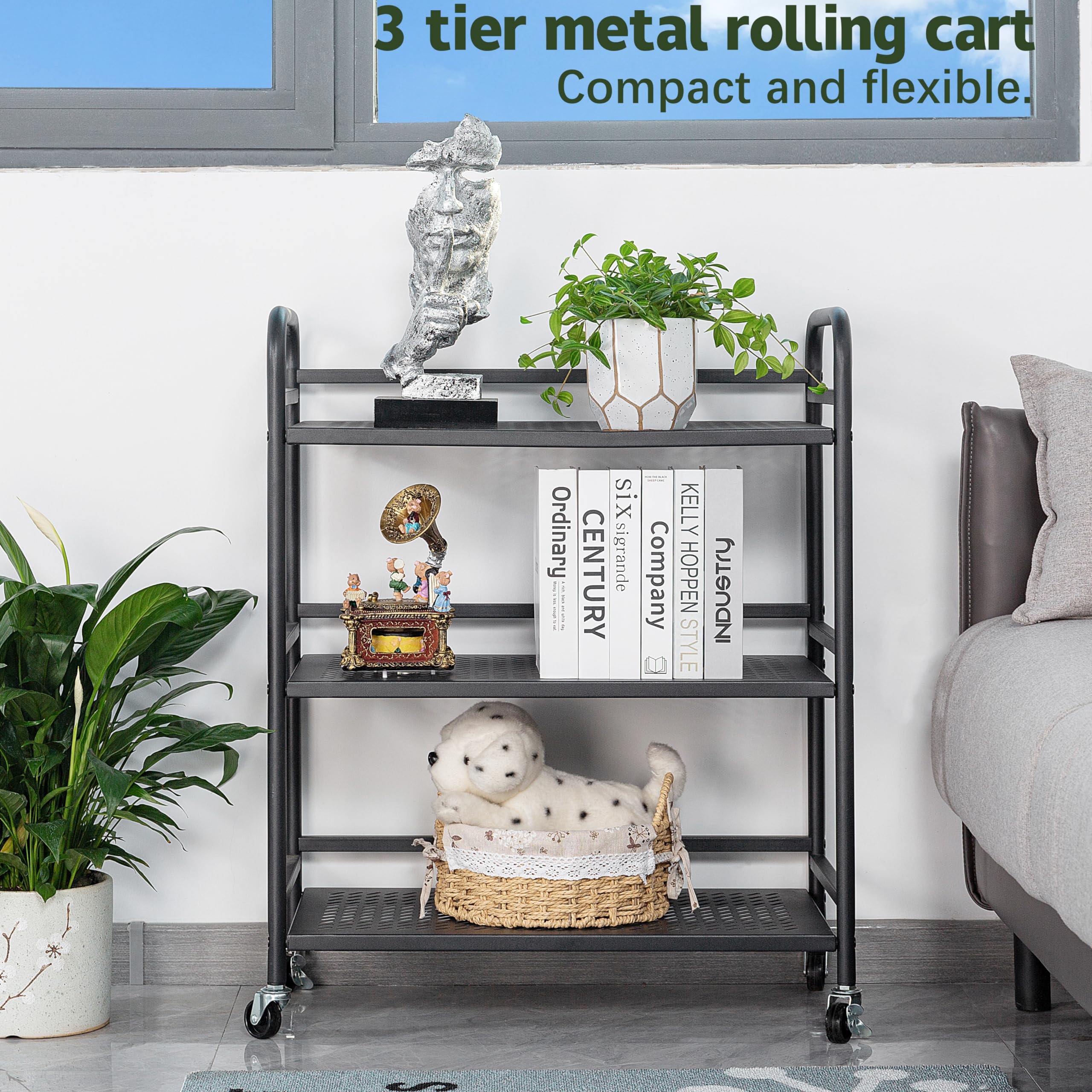 HDANI Serving Trolley,3-Tier Metal Trolley,Black,60x30x75cm Mesh