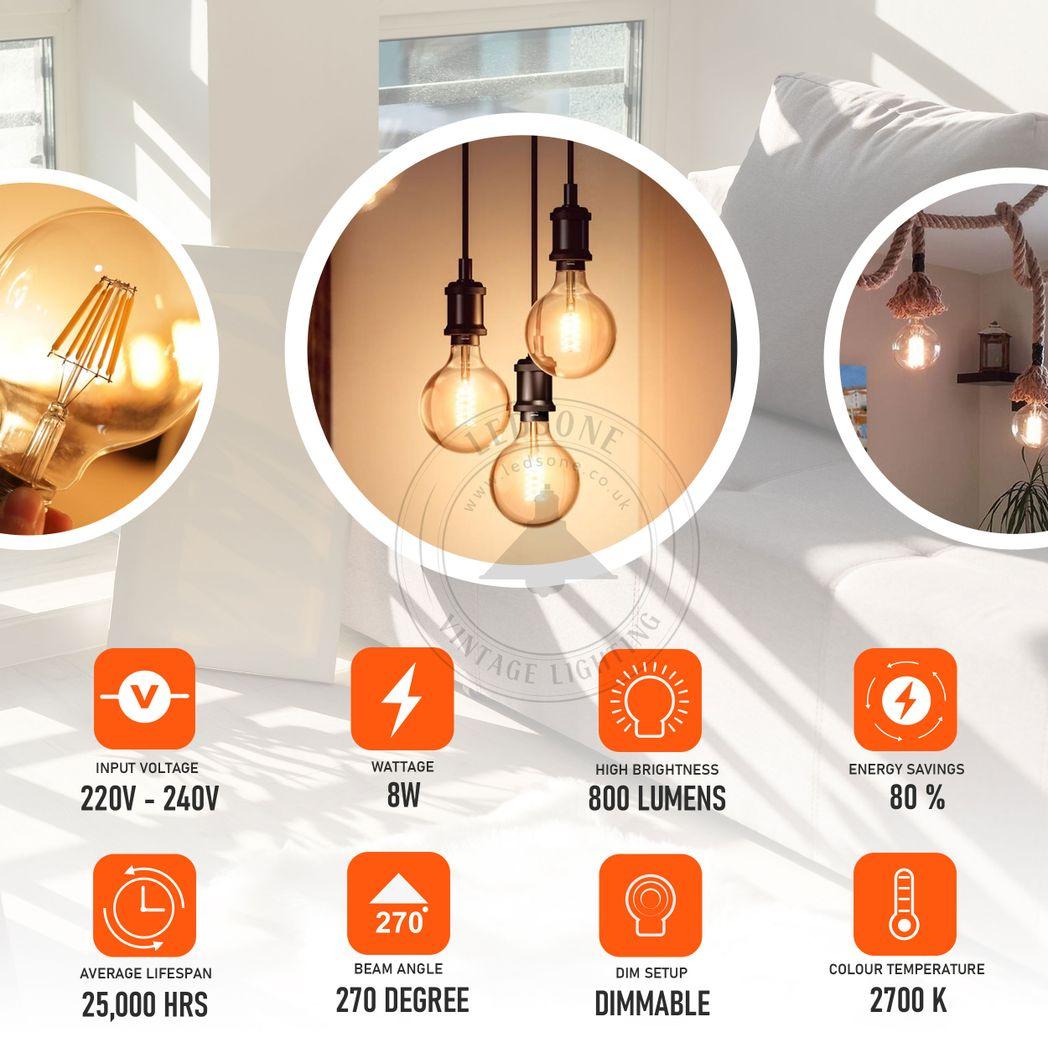 5 Pack E27 LED Edison Dimmable Vintage Amber Glass Warm white 2700K Light Bulbs