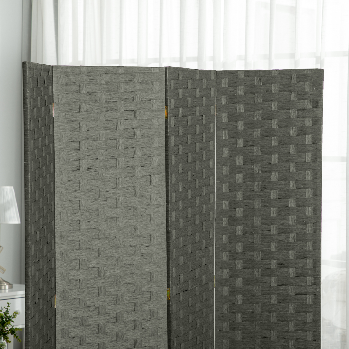 4-Panel Folding Wall Divider Room, Wave Fibre Privacy Screen Panels, Grey