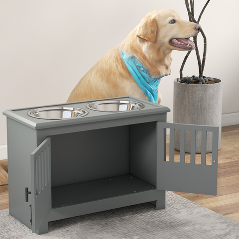 PawHut Raised Dog Bowls for Large Dogs Feeding Station with Stand Storage - Grey
