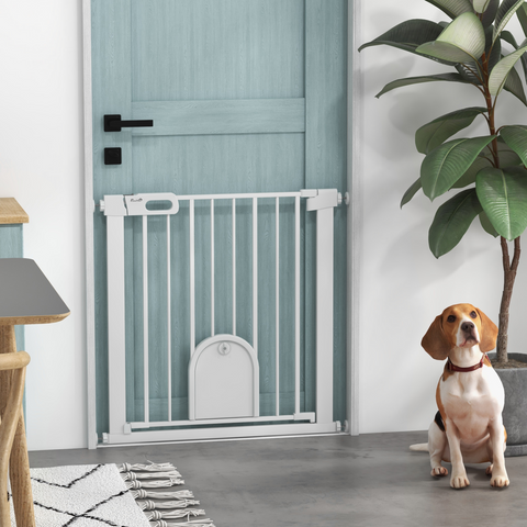 PawHut 75-82 cm Pet Safety Gate Pressure Fit Stair w/ Small Door Double Locking