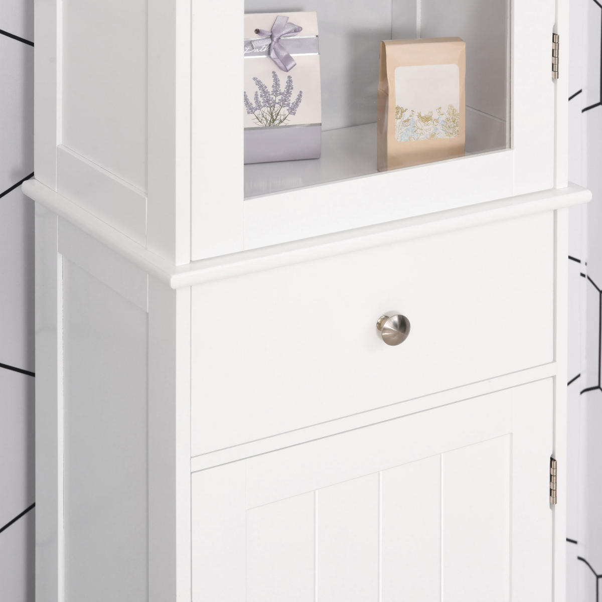 Bathroom Storage Cabinet with 3-tier Shelf Drawer Glass Door, Shelves, White