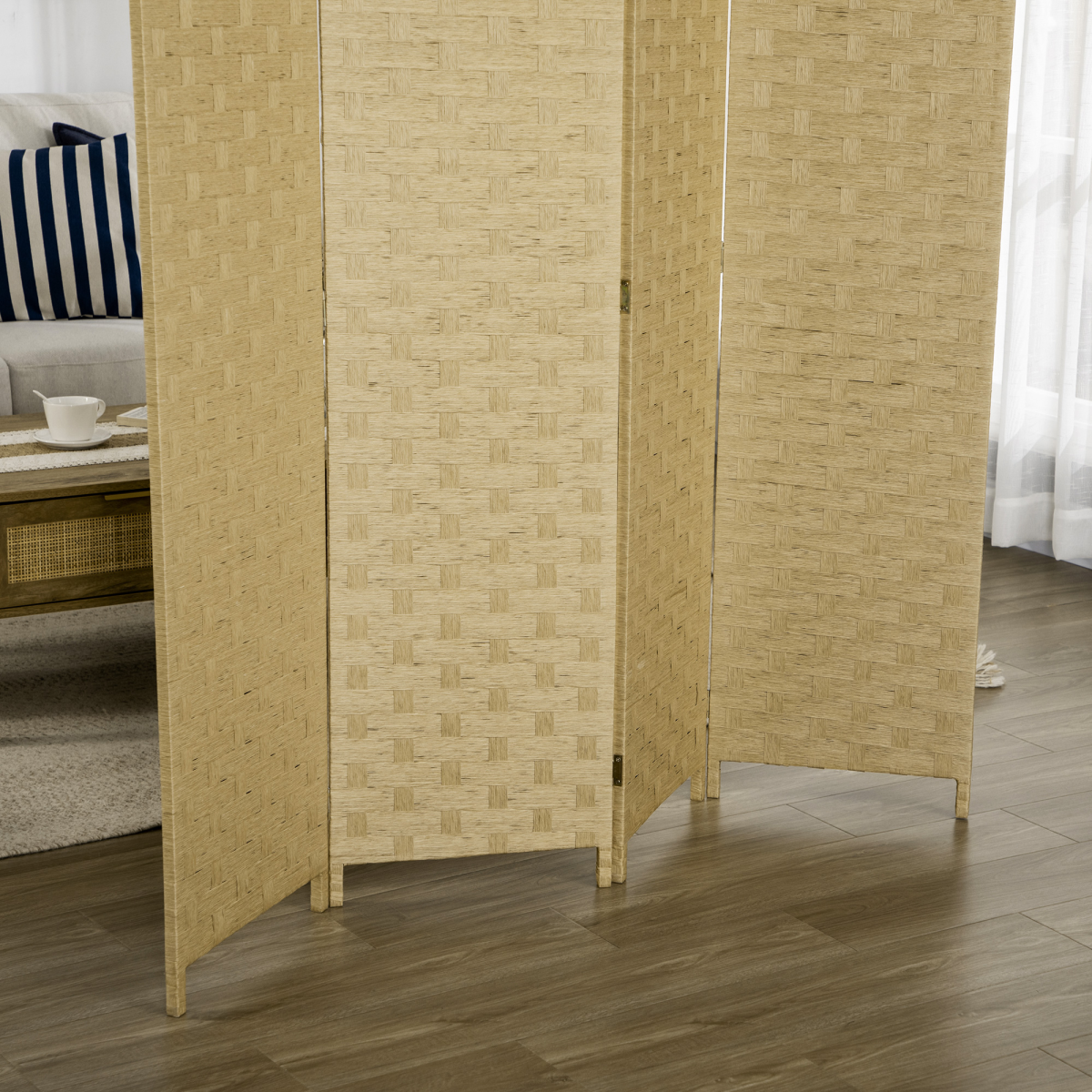 4-Panel Folding Wall Divider Room, Wave Fibre Privacy Screen Panels, Brown