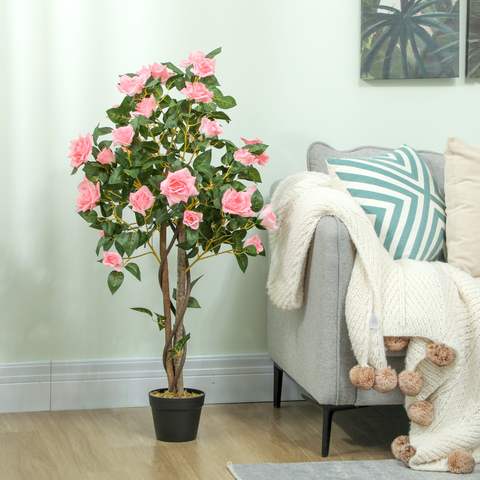 HOMCOM Set of 2 Decorative Artificial Plants Rose Trees in Pot, Pink