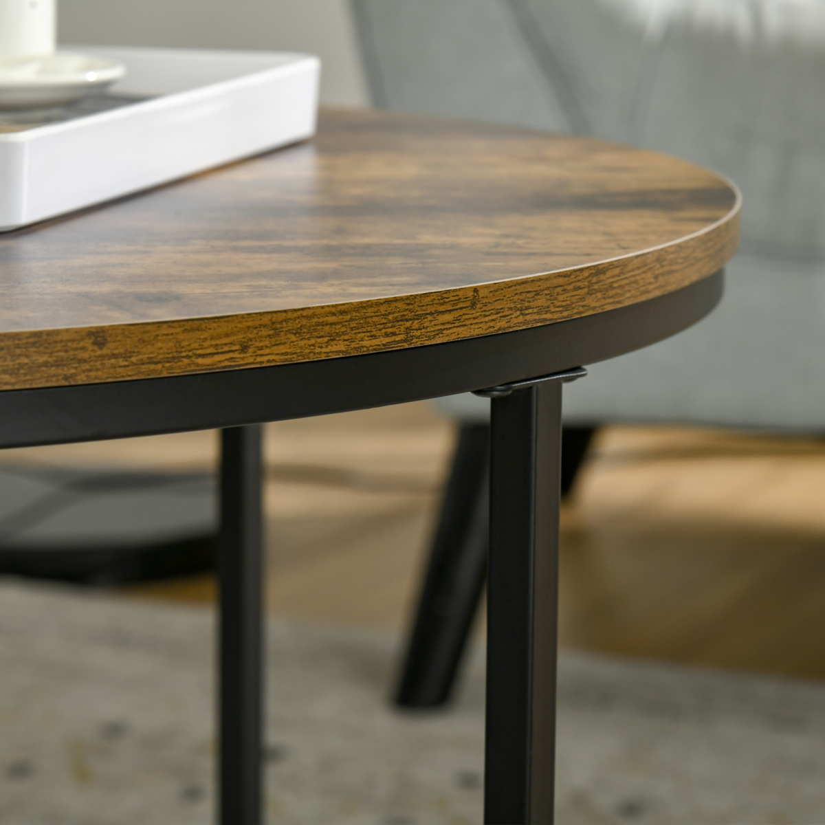 Industrial Round Side Table with Metal Frame, Large Tabletop, Rustic Brown