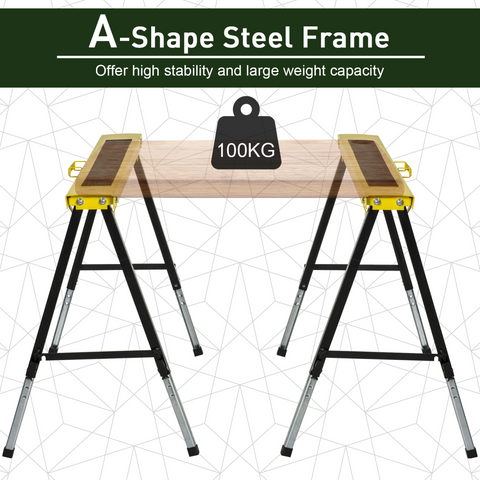 Set of 2 Folding Saw Horses Steel Frame  Anti-Slip Platform Handle DIY Durhand