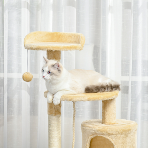 Cat Tree Activity Centre Scratching Post With Toys 4-tier Beige 114cm Pawhut
