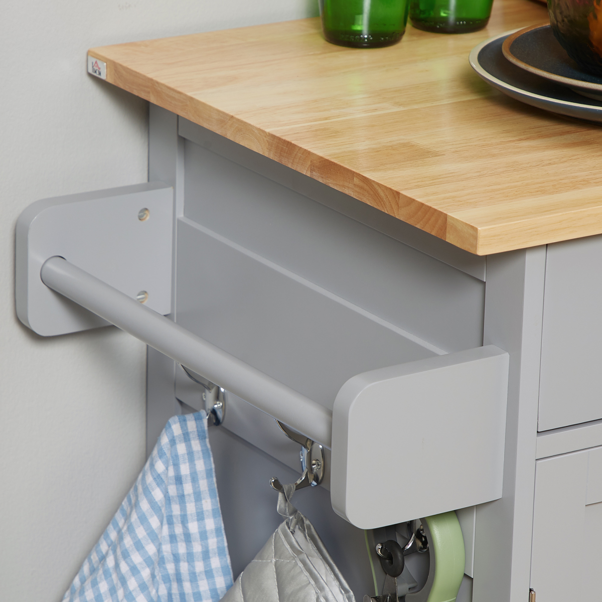 Rolling Kitchen Cart with Rubber Wood Top, Towel Rack, Hooks and Drawers Grey
